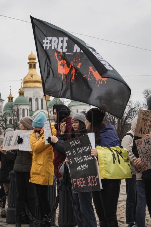 Photo for Kyiv, Ukraine. February 24, 2024. Caregivers and relatives came to the city center with posters calling for the return of prisoners of war who have been held captive by the russians for almost two years - Royalty Free Image