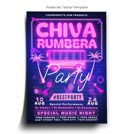 Téléchargez les illustrations : Modèle d'affiche de fête au néon Chiva Rumbera - en licence libre de droit