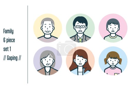 Illustration for This is a set of illustrations of a Gaping three-generation family. - Royalty Free Image