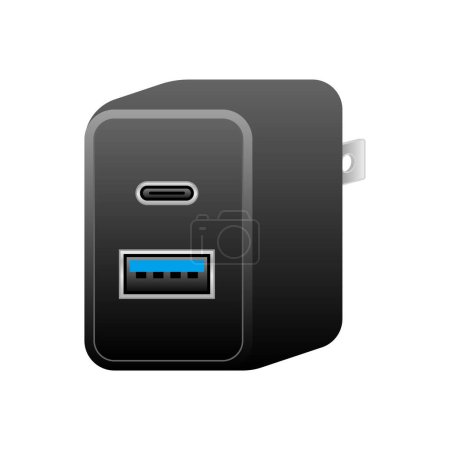 Black USB charger _USBType-C 1 port & USB type A 3.0 1 port illustration.