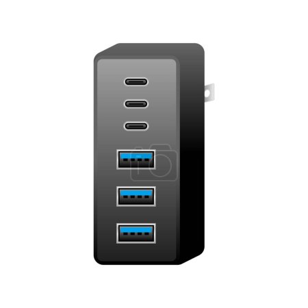 Black USB charger _usbtype-C 3 port & USB type A 3.0 3 ports illustration.