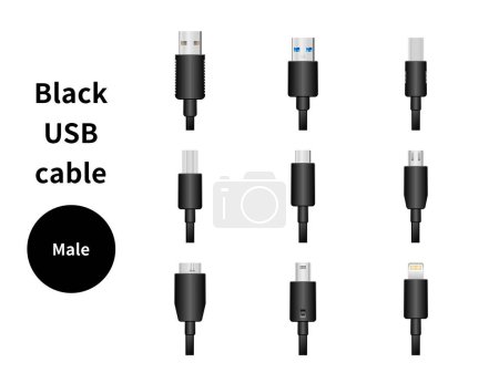 It is an illustration set of black USB cable/male.