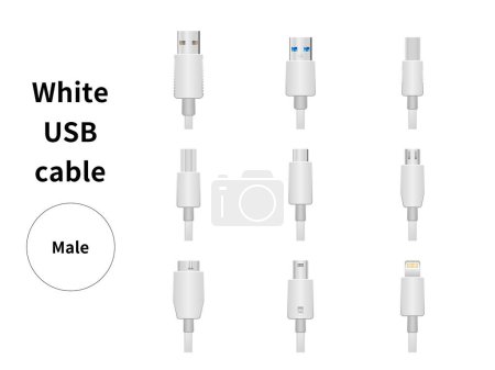 It is an illustration set of white USB cable/male.