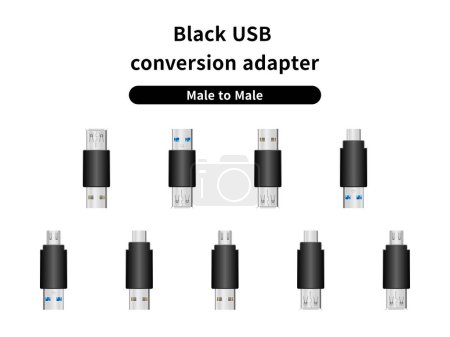 It is an illustration set of black USB conversion adapter/male to male.
