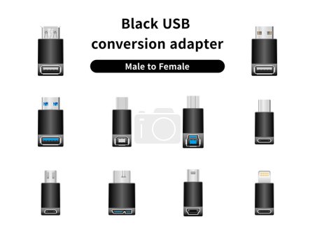 Ilustración de Es un conjunto de ilustración de adaptador de conversión USB negro / macho a hembra. - Imagen libre de derechos