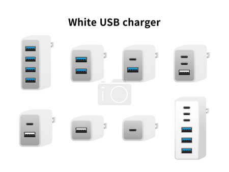 Es un conjunto de ilustración de cargador USB blanco.