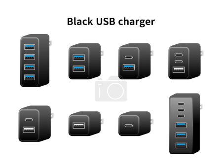 Es un conjunto de ilustración de cargador USB negro.