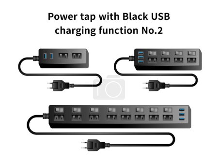 It is an illustration set of the No.2 power tap with black USB charging function.