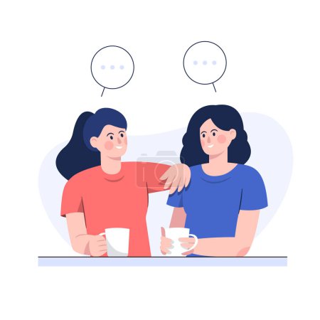 Illustration for Two female friends talking while having coffee in flat design - Royalty Free Image