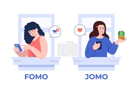 Illustration for Fomo vs jomo concept in flat design - Royalty Free Image