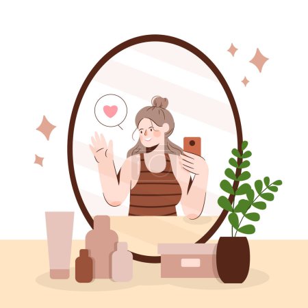 High self-esteem illustration with woman taking a selfie