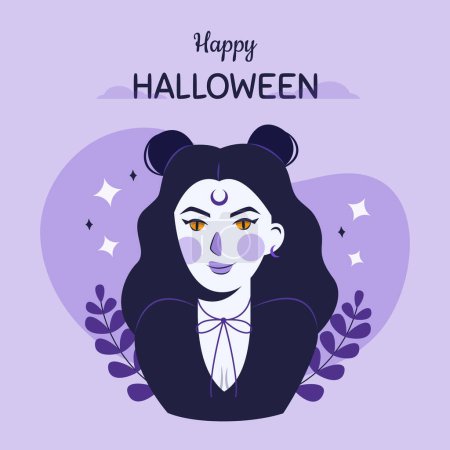 Happy Halloween concept in flat design, witch portrait drawing
