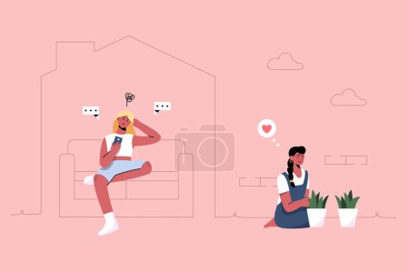Illustration for Fomo vs jomo concept in flat design two different lifestyle - Royalty Free Image