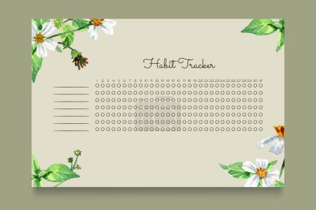 Illustration for Habit tracker template with watercolor periwinkle flowers - Royalty Free Image