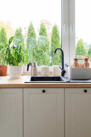 Photo for Sink with faucet near window with blinds and green plants on the wooden counter. White furniture with drawers and cabinets and oven with kettle in modern interior of kitchen. - Royalty Free Image