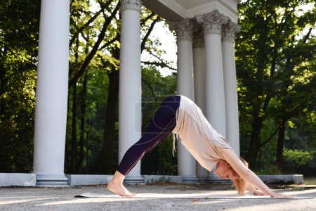 Téléchargez les photos : Femme de yoga pratiquant vers le bas face à l'exercice de chien dans le parc à l'extérieur. Matin avec détente active pour un corps et un esprit sains. - en image libre de droit
