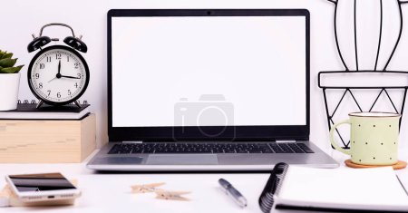 Photo for Laptop with empty screen for website and communication with mock up. Computer with monitor with space on office desk. - Royalty Free Image