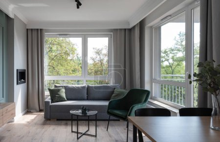 Téléchargez les photos : Canapé confortable et fauteuil moderne vert à l'intérieur confortable du salon. Plancher en bois et grande fenêtre dans un nouvel appartement scandinave. - en image libre de droit