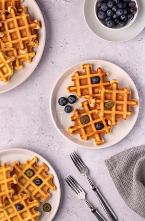 Photo for Food photography of waffles with blueberries, breakfast, belgian, snack, dessert - Royalty Free Image