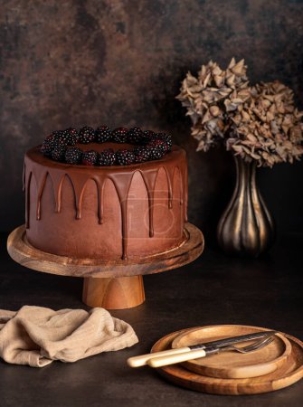 Photo for Food photography of chocolate cake, blackberries, cream, birthday, decoration, celebration, anniversary, party - Royalty Free Image