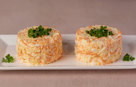 Photo for Food photography of cheese salad, eggs, carrot, garlic, mayonnaise - Royalty Free Image