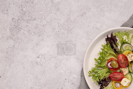 Photo for Blank food photography of  feta salad, greek, tomato, cucumber, onion, lettuce, sauce, bell, pepper, cheese, olive, vegetables - Royalty Free Image