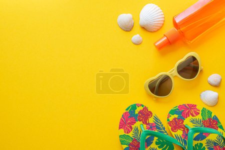 Photo for Flat lay photography of Summer items, glasses, sunscreen, seashells, sleepers - Royalty Free Image