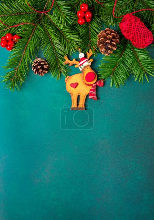 Photo for Background photography of fir branches,  pinecones, decorations, toy deer, rope, Christmas, winter, copy space, blank, card - Royalty Free Image