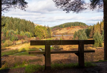 Photo for Landscape photography of lake, mountains, forest, autumn, bench, Three Lochs Forest Drive,  Scotland - Royalty Free Image
