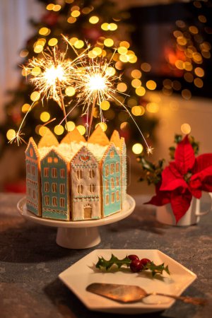 Photo for Photography of Cgristmas cake, New year, Eve, sprinkle, gingerbread, icing, flame, bokeh, traditional, lit,festive - Royalty Free Image