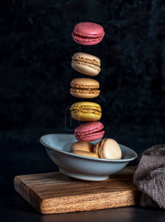 Photo for Food photography of macaroons, levitation, sweet, pastry - Royalty Free Image