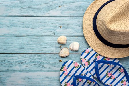 Photo for Photography od summer accessory, hat, sandals - Royalty Free Image