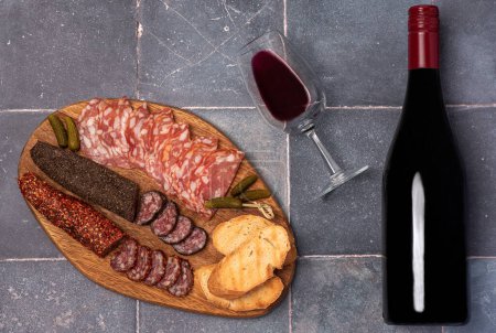 Photo for Food photography of  wine, salami, antipasto, sausage - Royalty Free Image