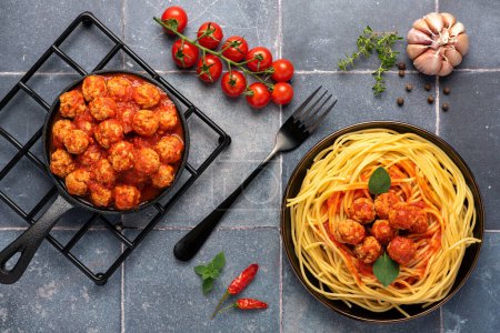 Photo for Food photography of meatball, spaghetti, pasta, fork - Royalty Free Image