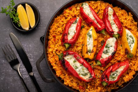 Photo for Food photography of  risotto, stuffed peppers, feta, mozzarella - Royalty Free Image