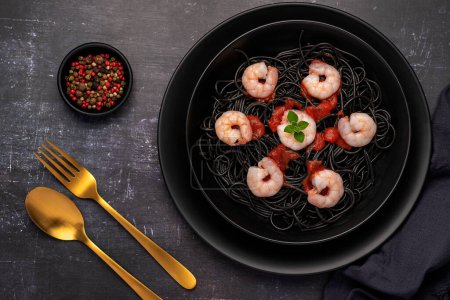 Photo for Food photography of  black spaghetti, pasta, shrimp, prawn - Royalty Free Image