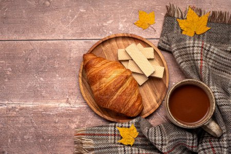 Photo for Blank photography of hot chocolate, scarf, maple leaves, croissant, waffles - Royalty Free Image