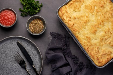 Photo for Food photography of shepherd pie, meat, minced beef,  carrot, mashed potatoes - Royalty Free Image