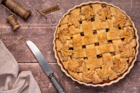 Téléchargez les photos : Macro food photographie de tarte aux pommes, pâtisserie, dessert, couteau, serviette - en image libre de droit