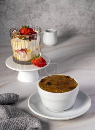 Photo for Food photography of vegan dessert, rice pudding, eton mess, meringue, cream - Royalty Free Image