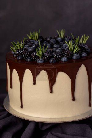 Photo for Food photography of cake, blueberries, blackberries, rosemary, chocolate, cream - Royalty Free Image