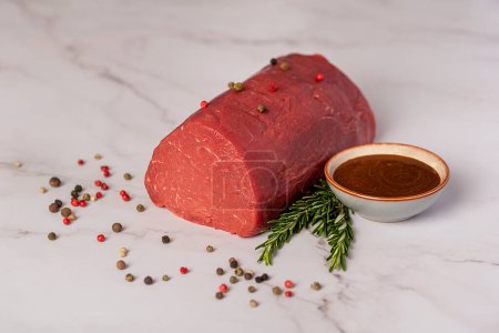 Photo for Food photography of raw beef, tenderloin, fillet, meat, sirloin, loin, steak, beefsteak, butchery - Royalty Free Image