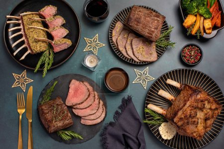 Photo for Food photography of roasted beef,  lamb, fillet, meat, sirloin, steak, beefsteak, table, dinner - Royalty Free Image