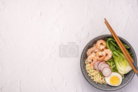 Photo for Blank food photography of soup ramen, boiled egg, onion, shrimp, noodle, prawn, miso, seafood, chinese, japanese, dish, bowl, chopstick - Royalty Free Image