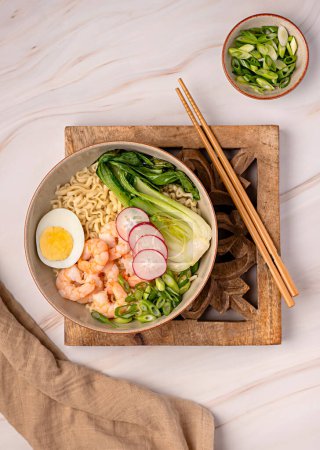 Photo for Food photography of soup ramen, boiled egg, onion, shrimp, noodle, prawn, miso, seafood, chinese, japanese, dish, bowl, chopstick - Royalty Free Image