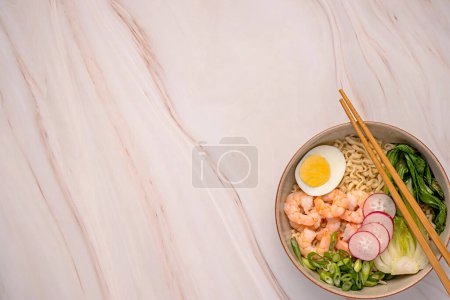 Photo for Blank food photography of soup ramen, boiled egg, onion, shrimp, noodle, prawn, miso, seafood, chinese, japanese, dish, bowl, chopstick - Royalty Free Image