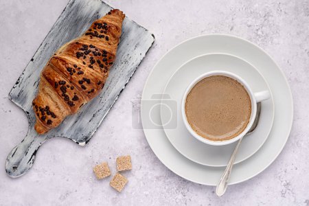 Photo for Food photography of Croissant, Coffee, Cappuccino, Breakfast, Caffeine, Baked,  Gourmet, Eating, Latte, Table, Restaurant, Cafe - Royalty Free Image