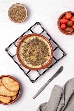 Photo for Food photography of provolone cheese, baked, melted, starter, italian, oregano, seasoning, toast, tomatoes, pottery - Royalty Free Image