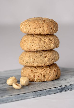 Photo for Macro food photography of oat biscuit; oatmeal; cookie;nut; hazelnut, pastry, dessert - Royalty Free Image