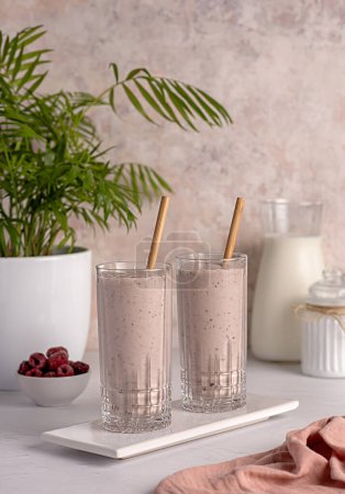 Photo for Food photography of protein milkshake; raspberry; strawberry; blueberry, banana, smoothie; milk, yogurt; shake - Royalty Free Image